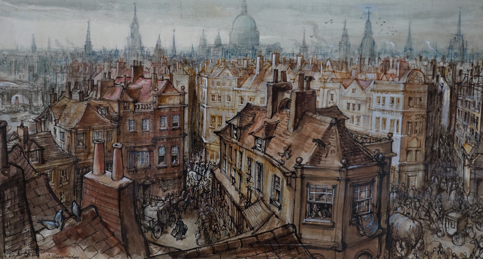 C. Walter Hodges (1909-2004), ink and watercolour illustration, 'Great Expectations’ (Pip in London), signed and inscribed, 29 x 55cm. Condition - good